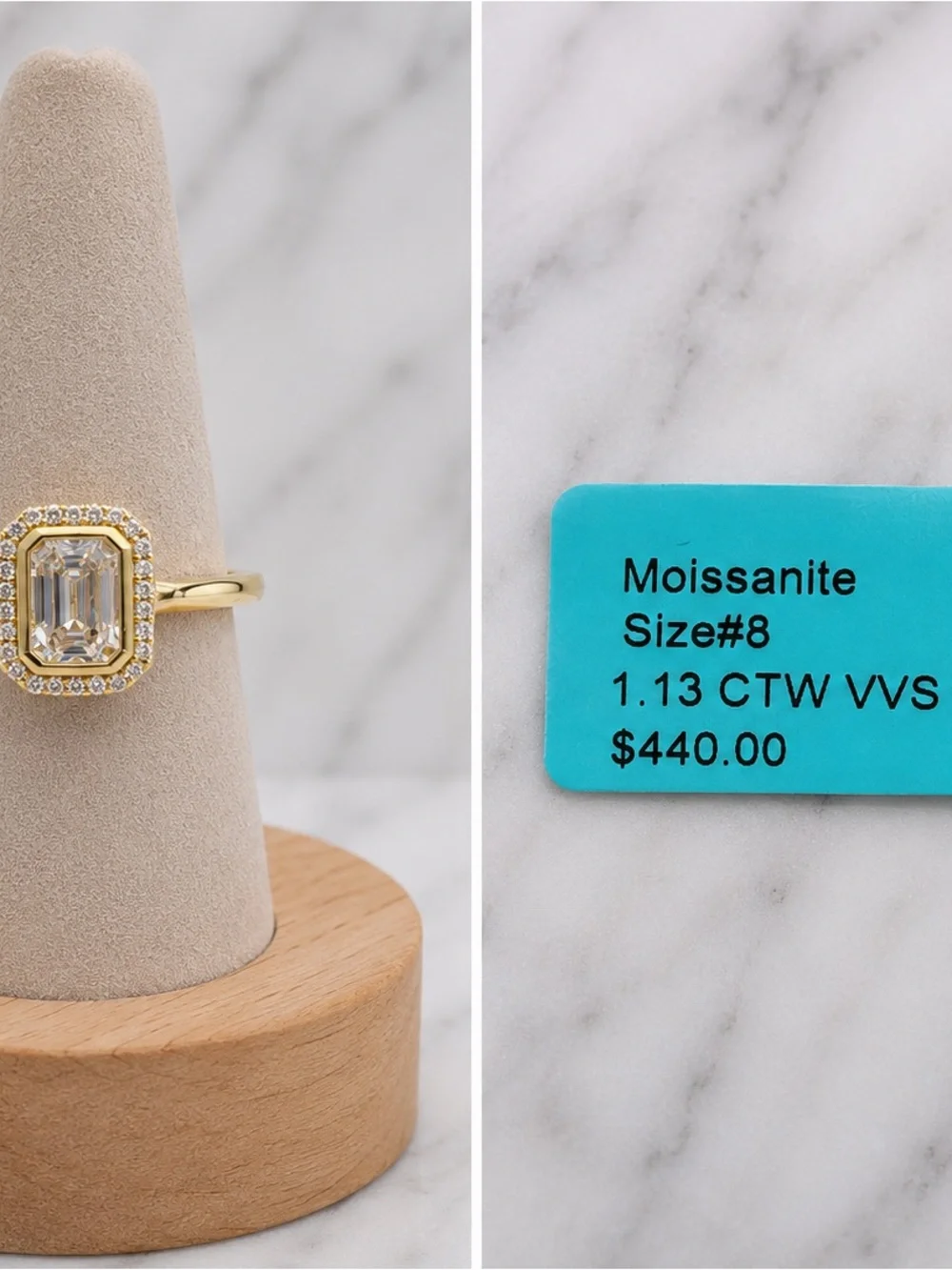 NWT 18K Gold Filled Emerald-Cut Moissanite Halo Ring | Size 8 | 1.13 CTW